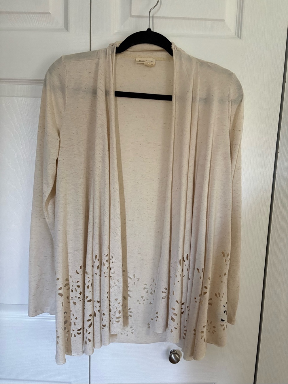 Anthropologie Cream Open-Front Cardigan with Laser-Cut Hem